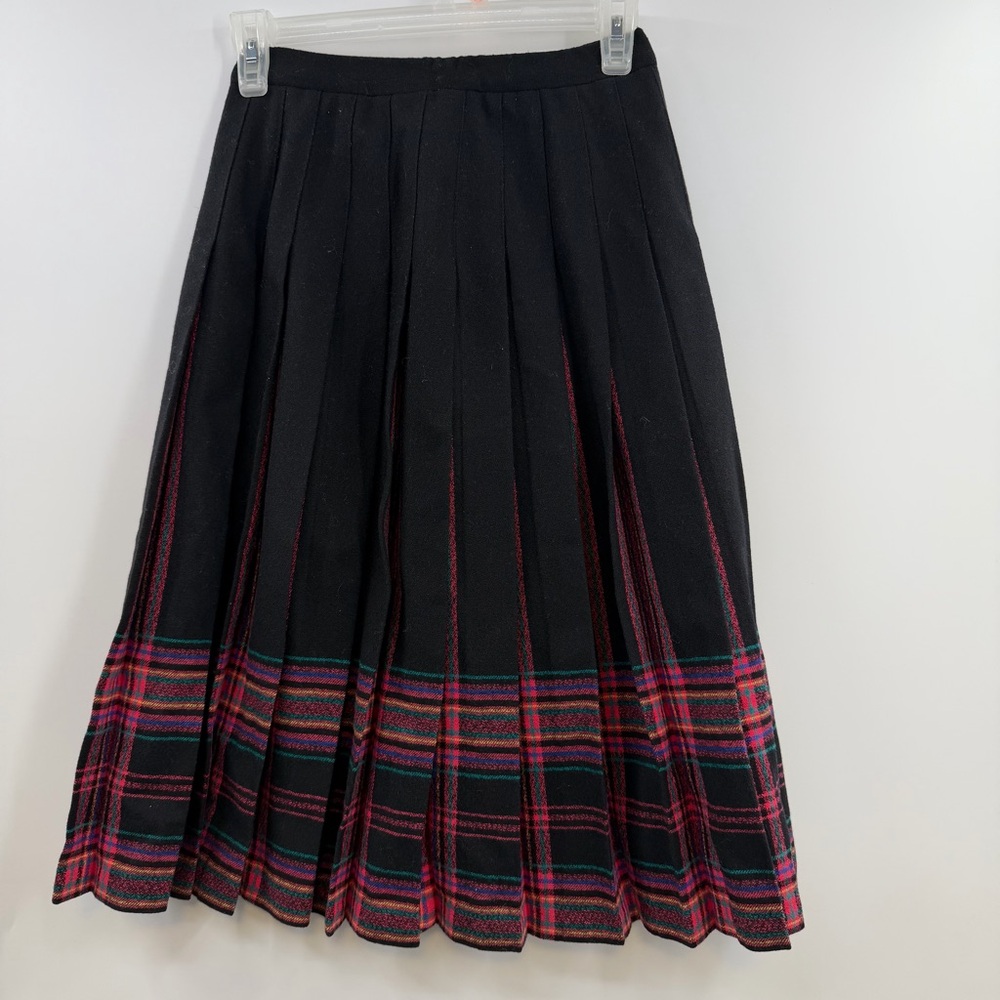 Vintage Pendleton Wool Pleated Midi Skirt Tartan Hem USA Petite 4P Black